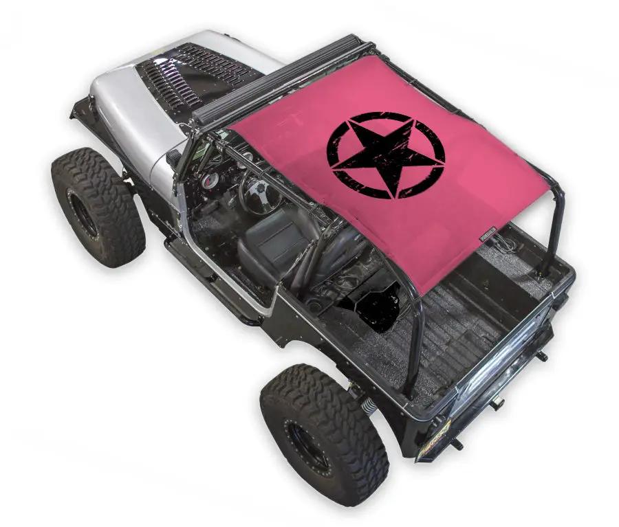 Sun shade for Jeep Wrangler YJ (1987–1996) by SpiderWebShade; pink stock printed shade top with black star logo