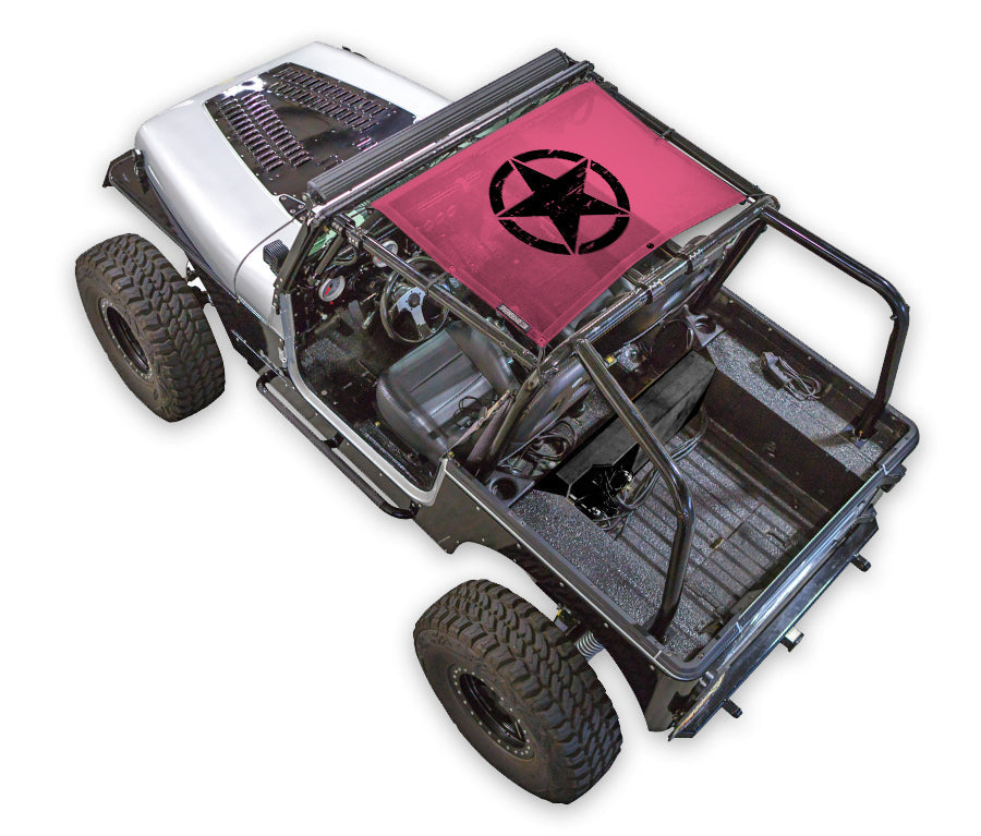 Sun Shade SPIDERWEBSHADE for Jeep Wrangler YJ (1987–1996); pink printed top with black star logo