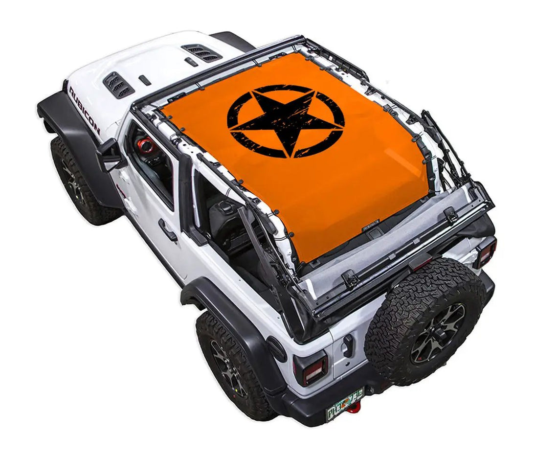 Sun shade SPIDERWEBSHADE for Jeep Wrangler JL 2-Door, orange stock-printed top with black star logo