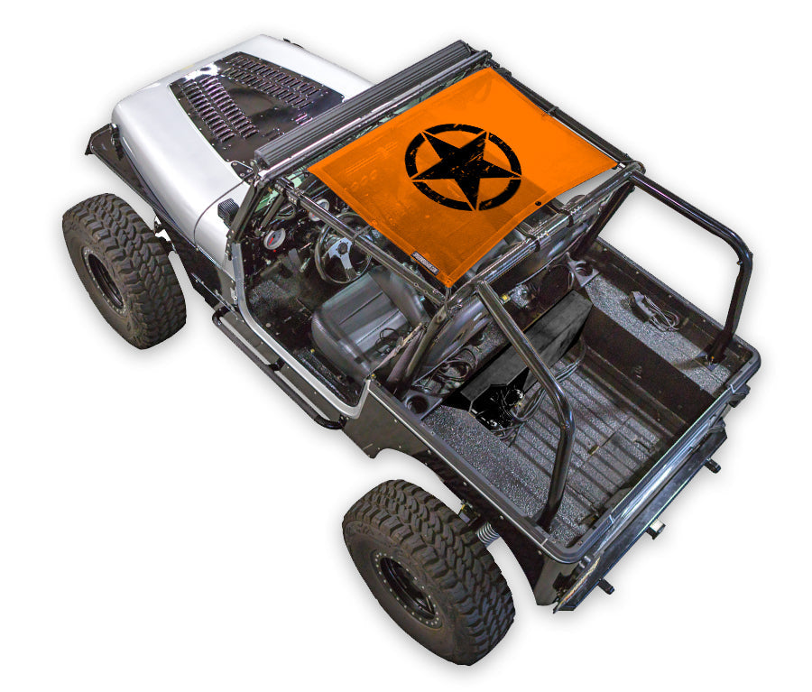 Sun Shade stock top for Jeep Wrangler YJ (1987–1996) by SPIDERWEBSHADE, orange with black star emblem