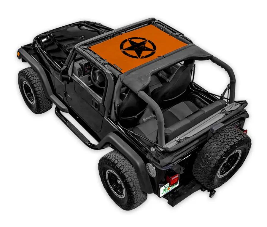 Sun shade top for Jeep Wrangler TJ by SPIDERWEBSHADE, orange printed shade with black star logo.