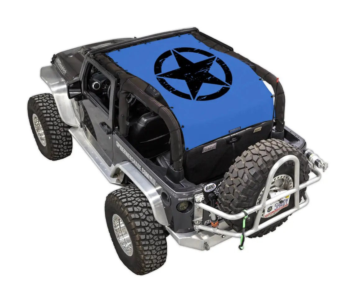 SpiderWebShade Sun Shade for Jeep Wrangler JK 2-Door, blue stock-printed top with black star graphic