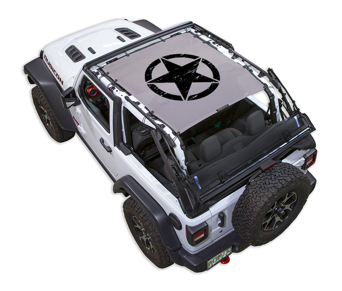 SpiderWebShade sun shade for Jeep Wrangler JL 2-Door; gray printed top with black star emblem