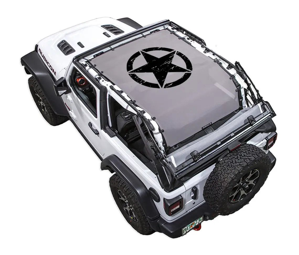 Sun shade for Jeep Wrangler JL 2-Door by SpiderWebShade; gray printed top with black star logo