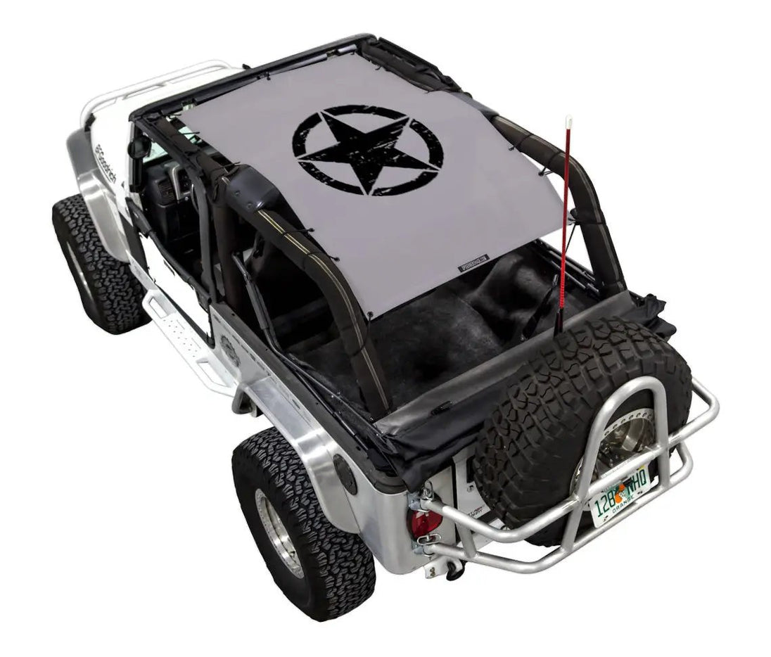 Sun shade by SpiderWebShade for Jeep Wrangler LJ 2004–2006, gray top with black star logo.