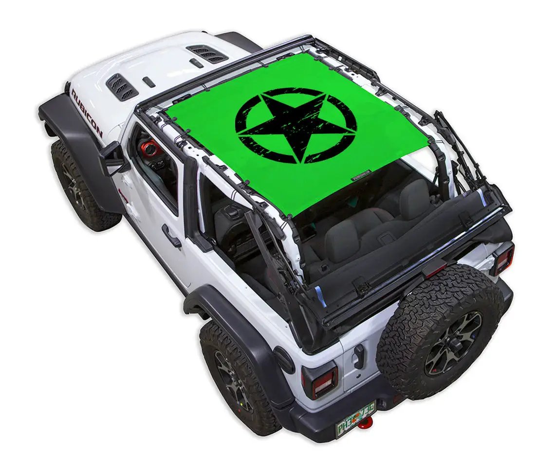 Sun Shade for Jeep Wrangler JL 2-Door by SPIDERWEBSHADE; lime green stock printed shade top