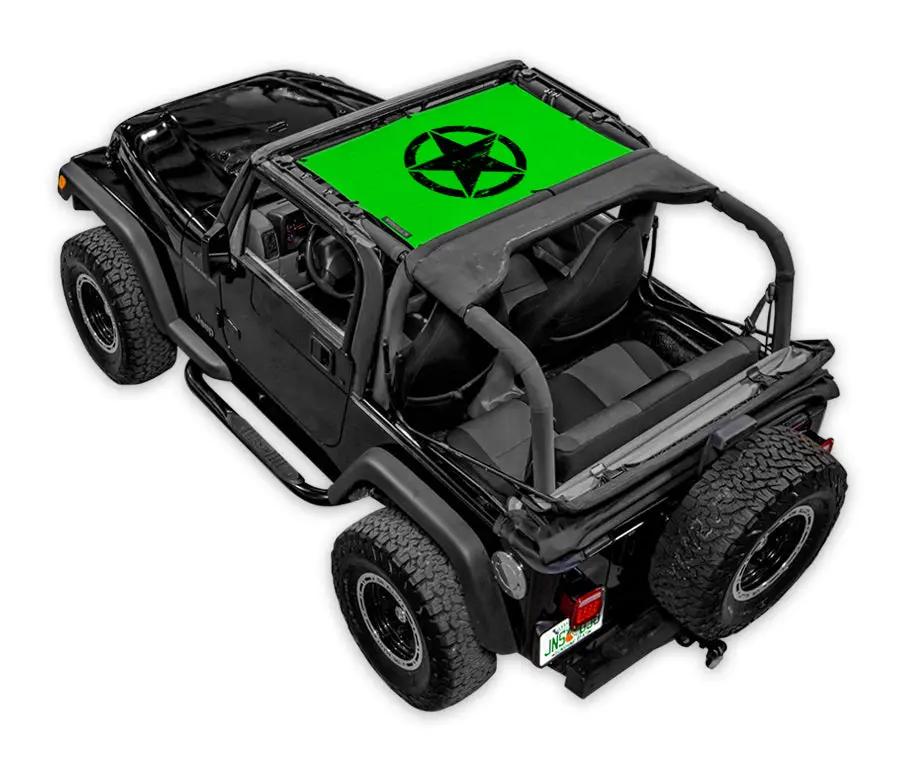Sun shade for Jeep Wrangler TJ by SpiderWebShade; bright green stock printed top with black star