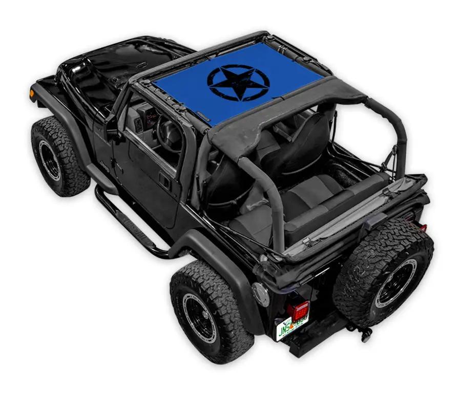 SPIDERWEBSHADE Jeep Wrangler TJ Sun Shade (1997–2006); blue printed top with black star logo