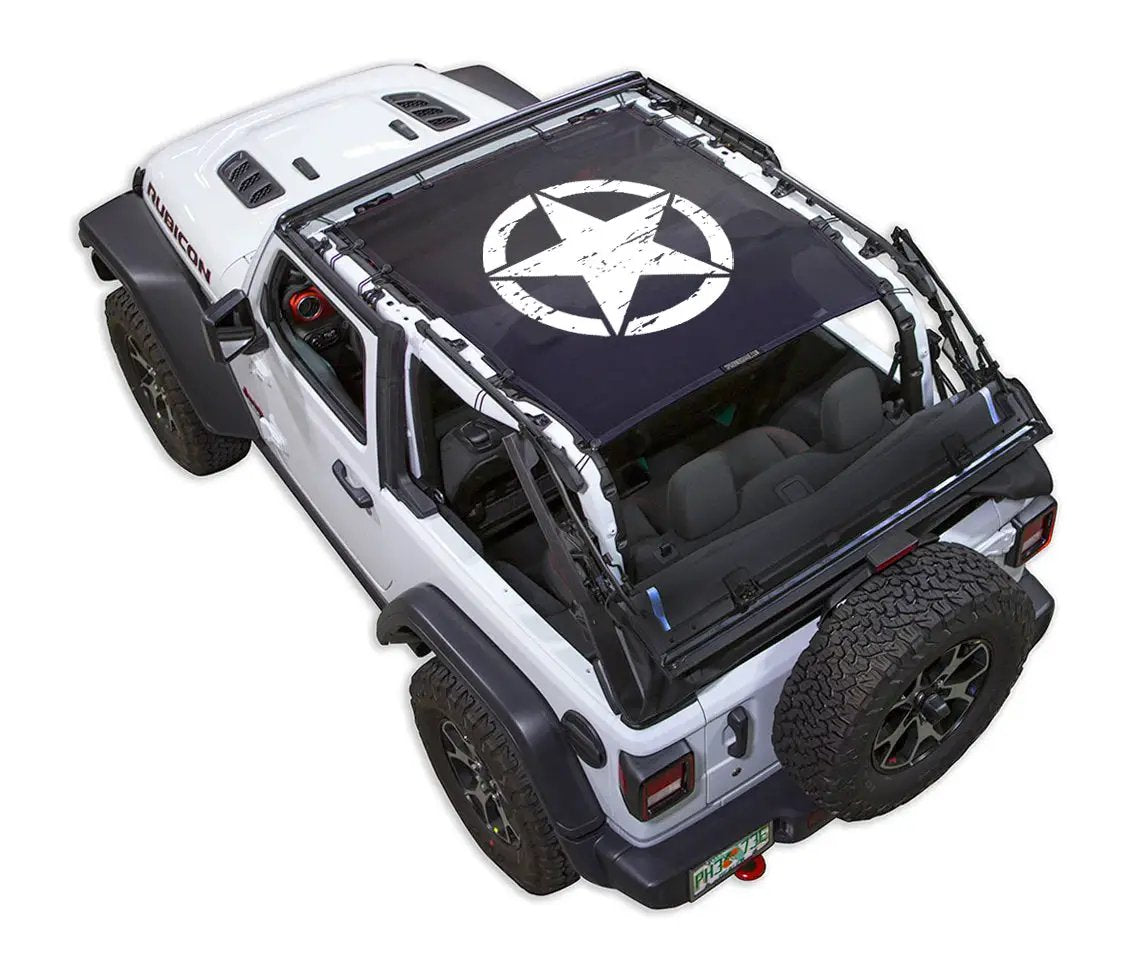 SpiderWebShade Sun Shade installed on white Jeep Wrangler JL 2-Door; black printed shade top with white star logo.