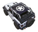 SpiderWebShade Sun Shade installed on white Jeep Wrangler JL 2-Door; black printed shade top with white star logo.