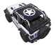 SpiderWebShade Sun Shade installed on white Jeep Wrangler JL 2-Door; black printed shade top with white star logo.