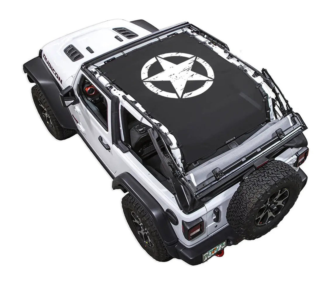 Sun shade SpiderWebShade for Jeep Wrangler JL 2-Door; stock printed black shade with white star logo