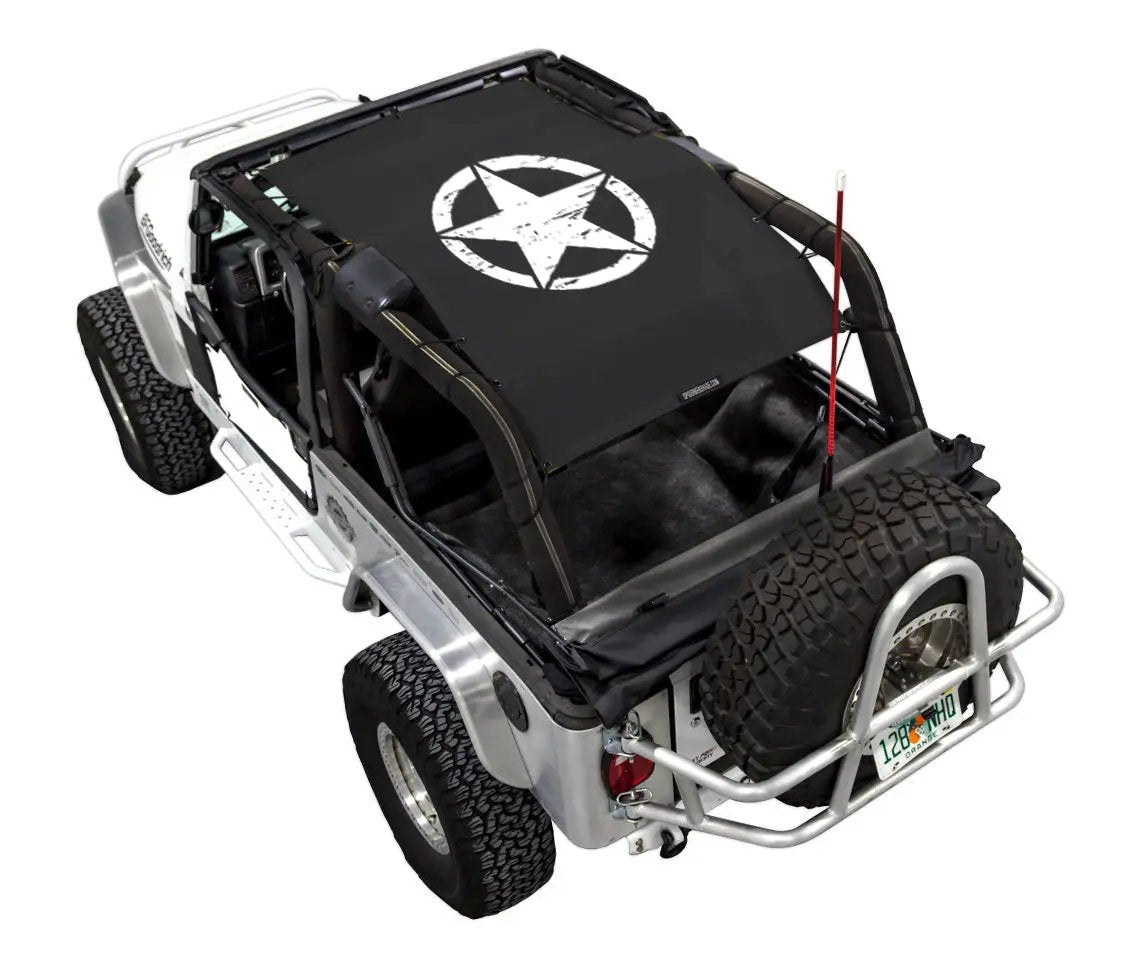 Sun shade top for Jeep Wrangler LJ (2004–2006) by SpiderWebShade, black fabric with white star print.