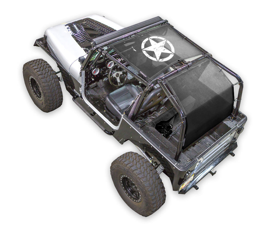 Sun Shade top for Jeep Wrangler YJ 1987–1996 by SpiderWebShade, black mesh with star logo