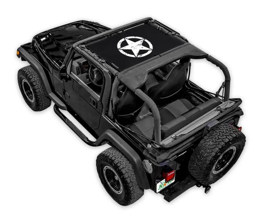 Sun shade for Jeep Wrangler TJ (1997–2006) by SpiderWebShade; stock printed star design on black shade top.