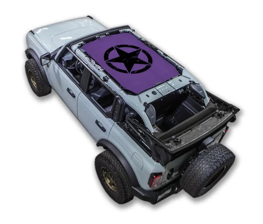 Sun shade top for Ford Bronco (2021–2026) by SPIDERWEBSHADE, purple star print