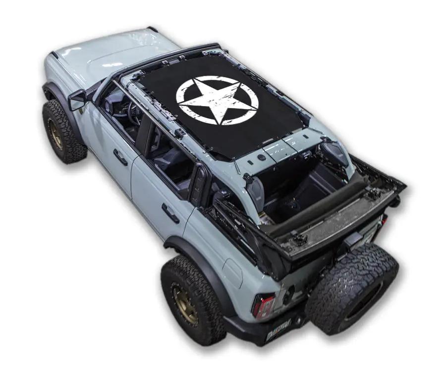 Sun shade top for Ford Bronco (2021–2026) by SpiderWebShade; black fabric with white star logo.