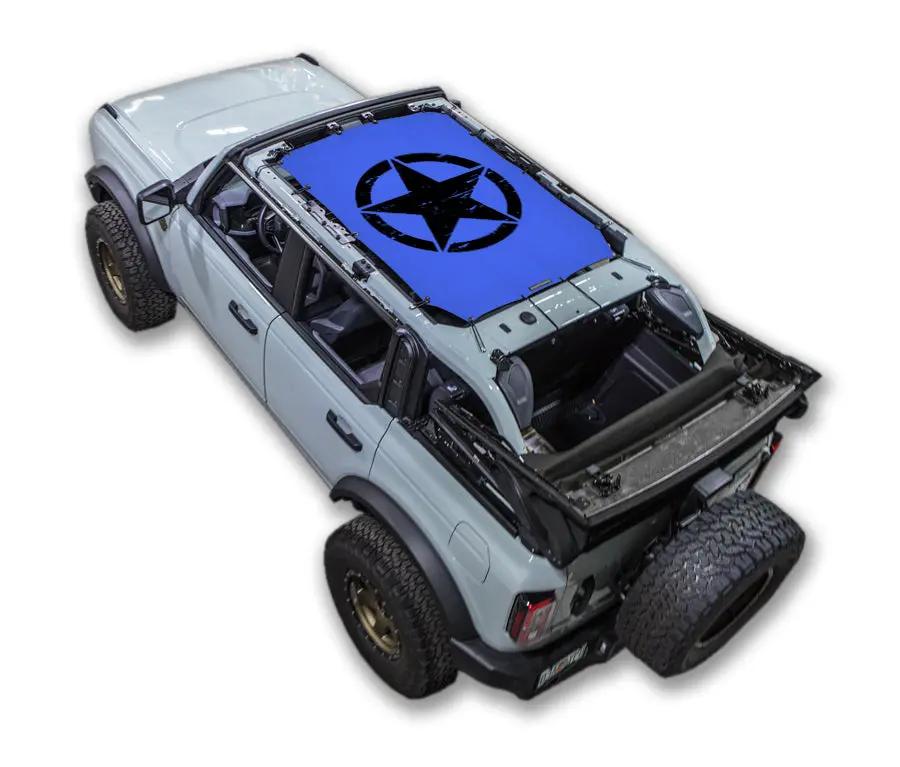 SPIDERWEBSHADE sun shade for Ford Bronco (2021–2026); blue top with black star emblem.