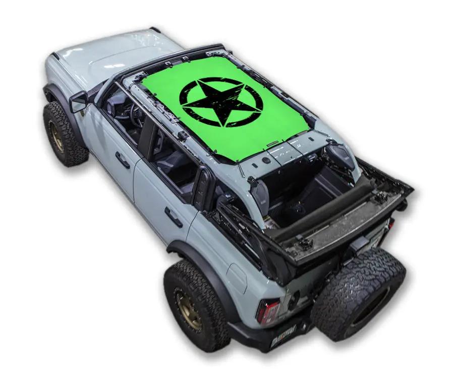 Sun Shade SPIDERWEBSHADE for Ford Bronco (2021–2026); bright green stock printed top with black star logo