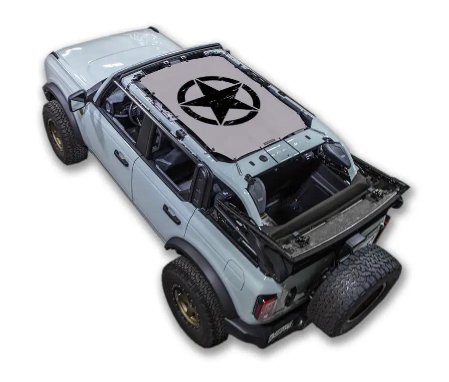 Sun Shade SpiderWebShade stock printed shade top for Ford Bronco (2021–2026); gray fabric with star emblem