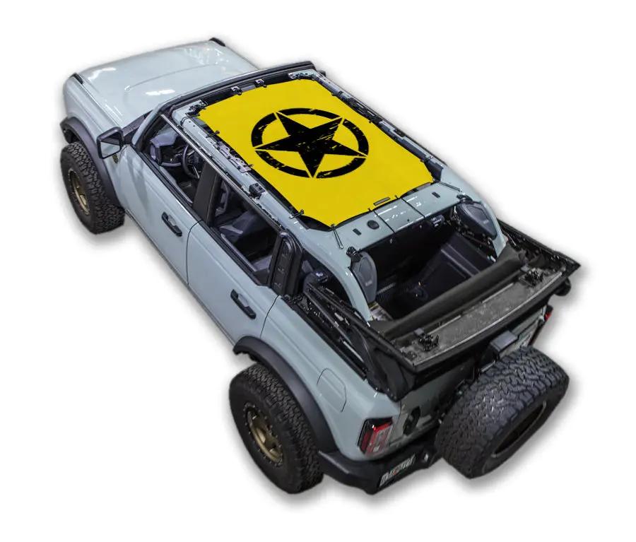 Sun Shade SPIDERWEBSHADE for Ford Bronco, stock printed top in bright yellow with black star logo (2021–2026)