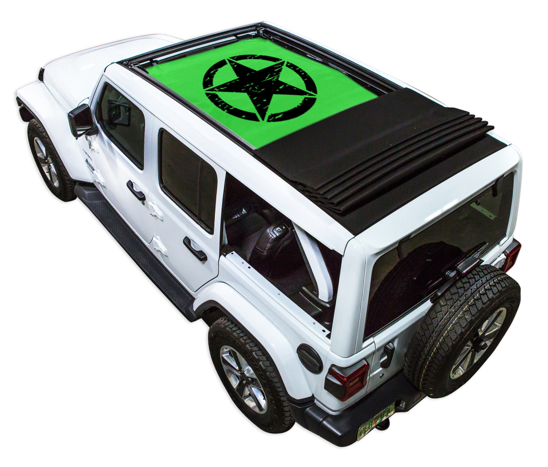 Sun shade for Jeep Wrangler JLU Sky One Touch Power Top by SPIDERWEBSHADE, green star-printed shade top