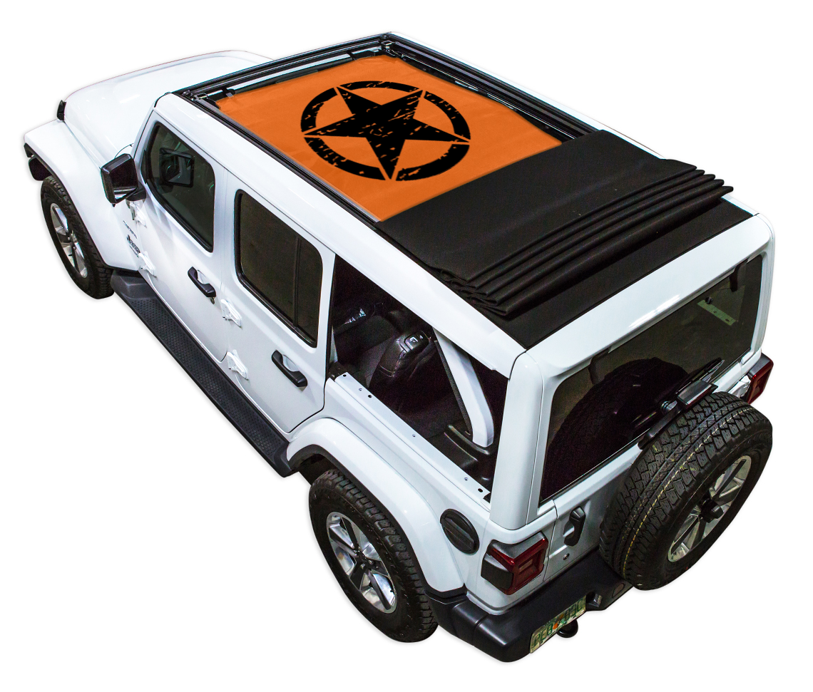 SpiderWebShade sun shade for Jeep Wrangler JLU Sky One Touch Power Top, orange shade with black star logo