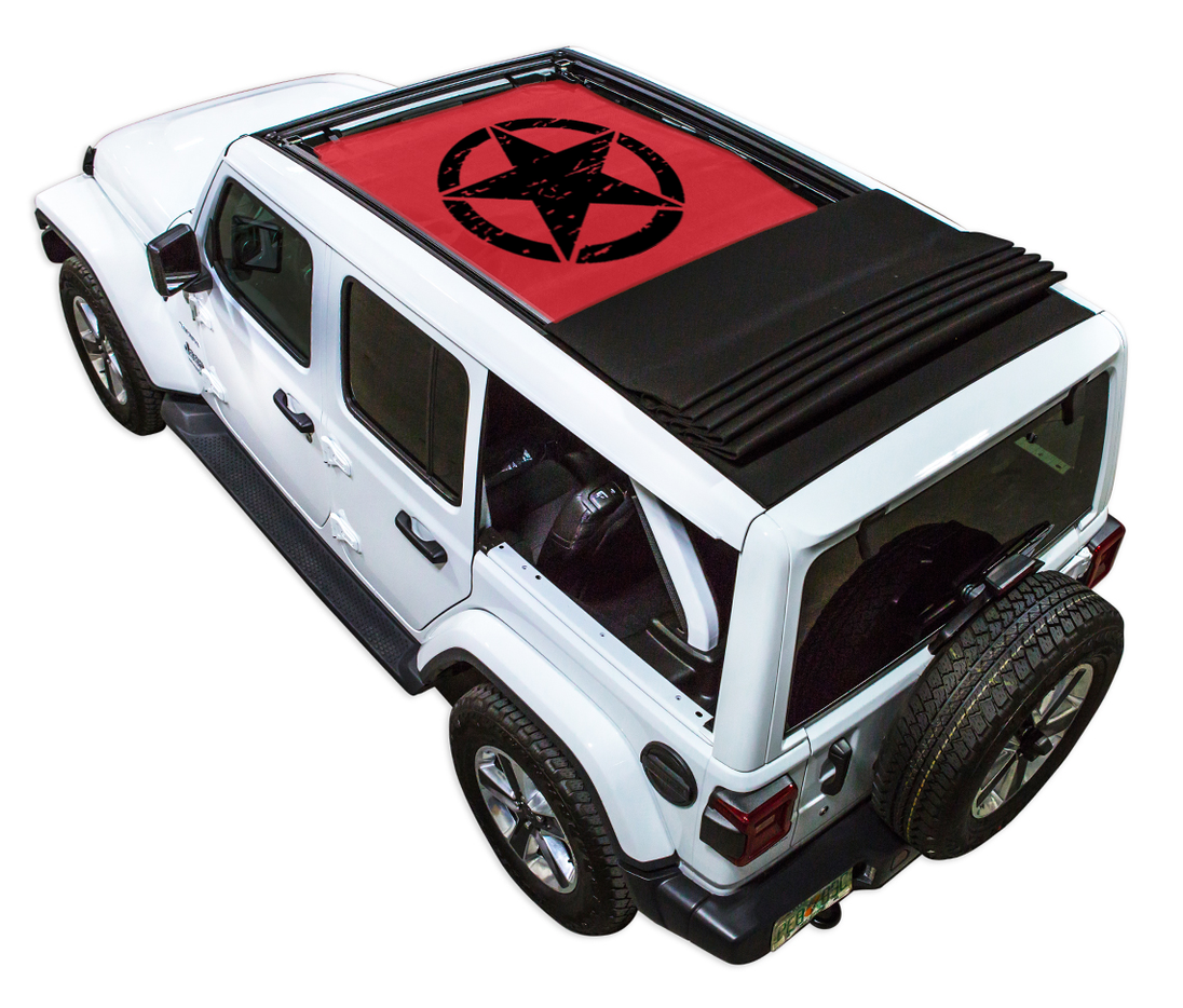 Sun Shade for Jeep Wrangler JLU; red printed top with black star logo and folded black shade fabric
