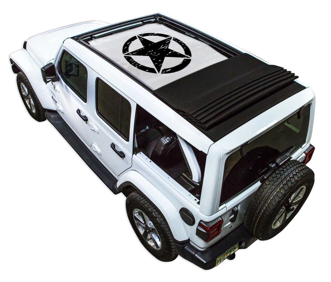 SpiderWebShade sunshade for Jeep Wrangler JLU; white Jeep with star-printed stock shade top