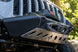 Artec Bantam JK/JL/JT high-clearance front bumper, black steel with winch mount on Jeep Wrangler.