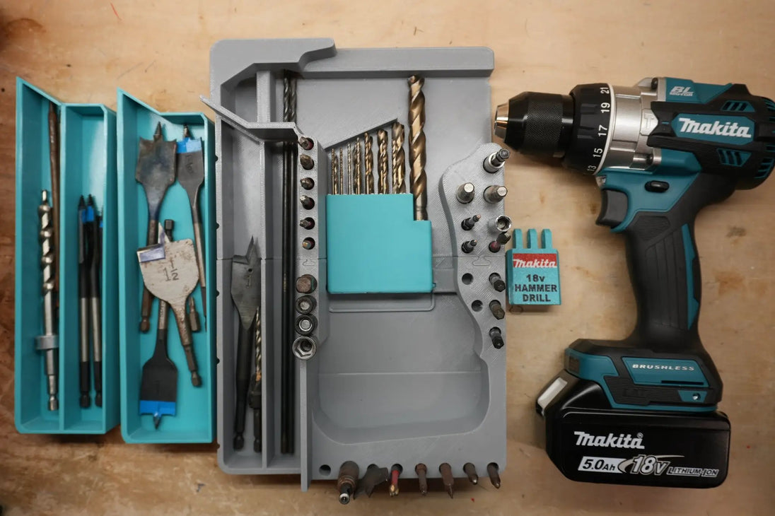Packout Insert for Makita 18V Hammer Drill Mk18HD; teal organizer with drill bits and extensions, Makita drill shown