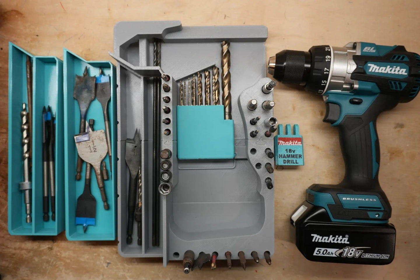 Packout Insert for Makita 18V Hammer Drill Mk18HD; teal organizer with drill bits and extensions, Makita drill shown