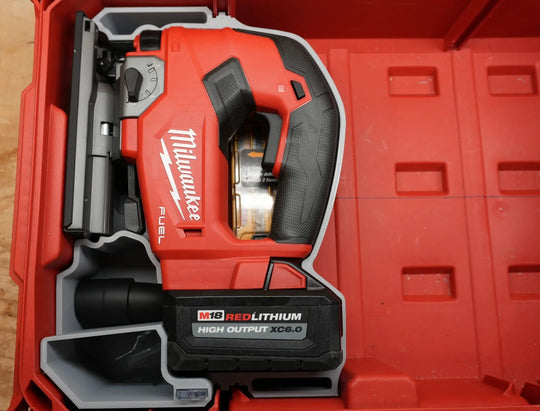 MDJ TB Packout Tool Box Insert for M18 D-Handle Jig Saw; Milwaukee red tool with 18V battery in Packout case