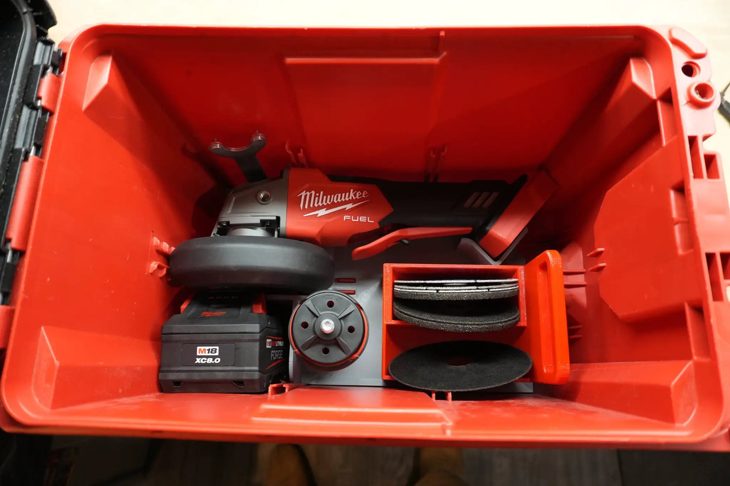 Packout Ammo Can Insert MAG2880 AC Milwaukee M18 FUEL 4-1/2in Grinder inside red toolbox
