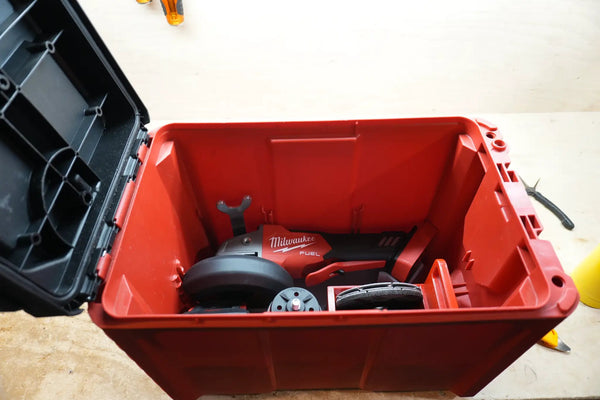 Packout Ammo Can Insert red; Milwaukee M18 FUEL 4-1/2 in grinder 2880 inside a red Packout case with tools