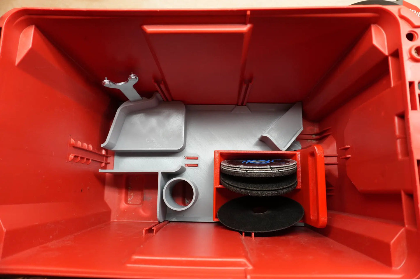 Packout Ammo Can Insert Milwaukee M18 FUEL 4-1/2in Grinder 2880 MAG2880 AC; red interior with grey organizer trays