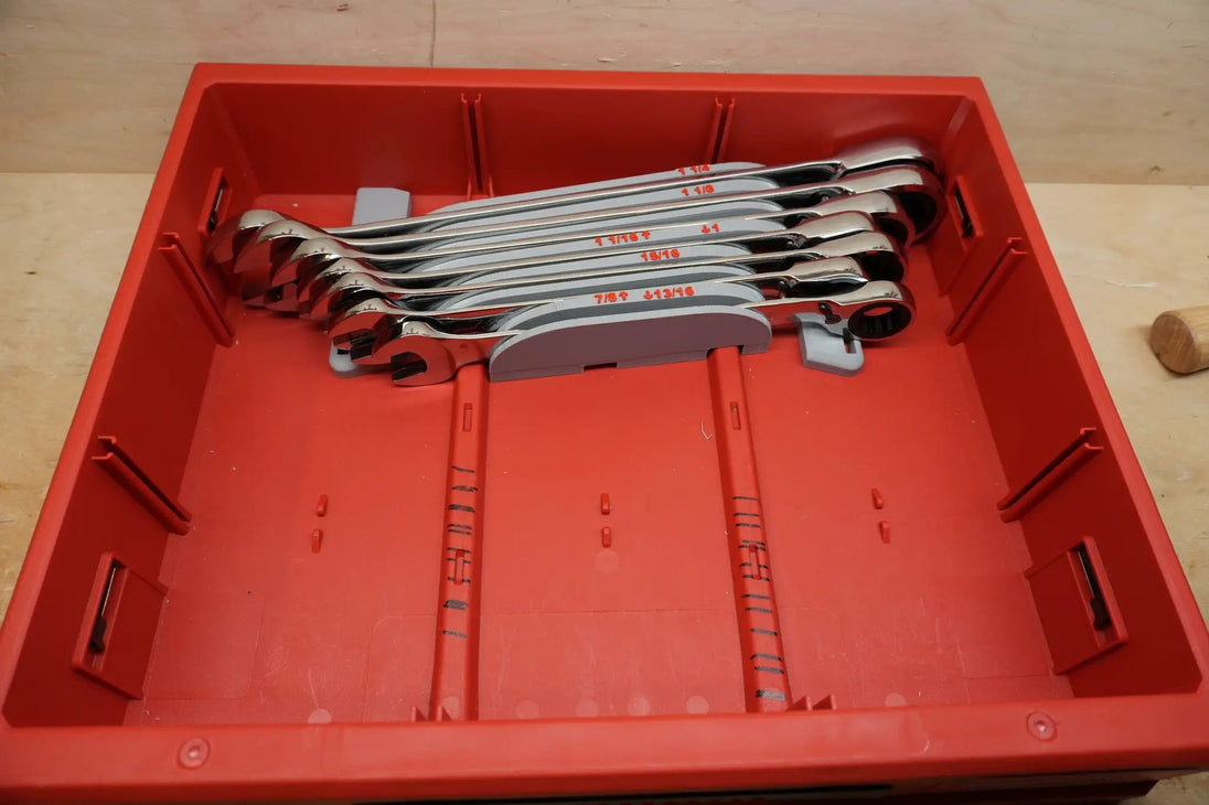Packout Drawer Inserts for ICON Large Combination Wrench Set, red toolbox interior with chrome wrenches organized in slots