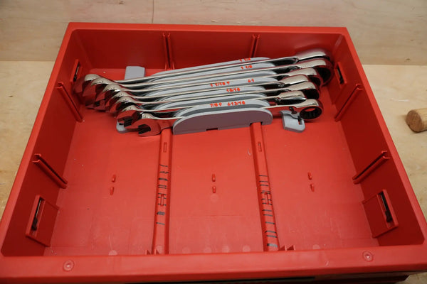 Packout Drawer Inserts for ICON Large Combination Wrench Set, red toolbox interior with chrome wrenches organized in slots