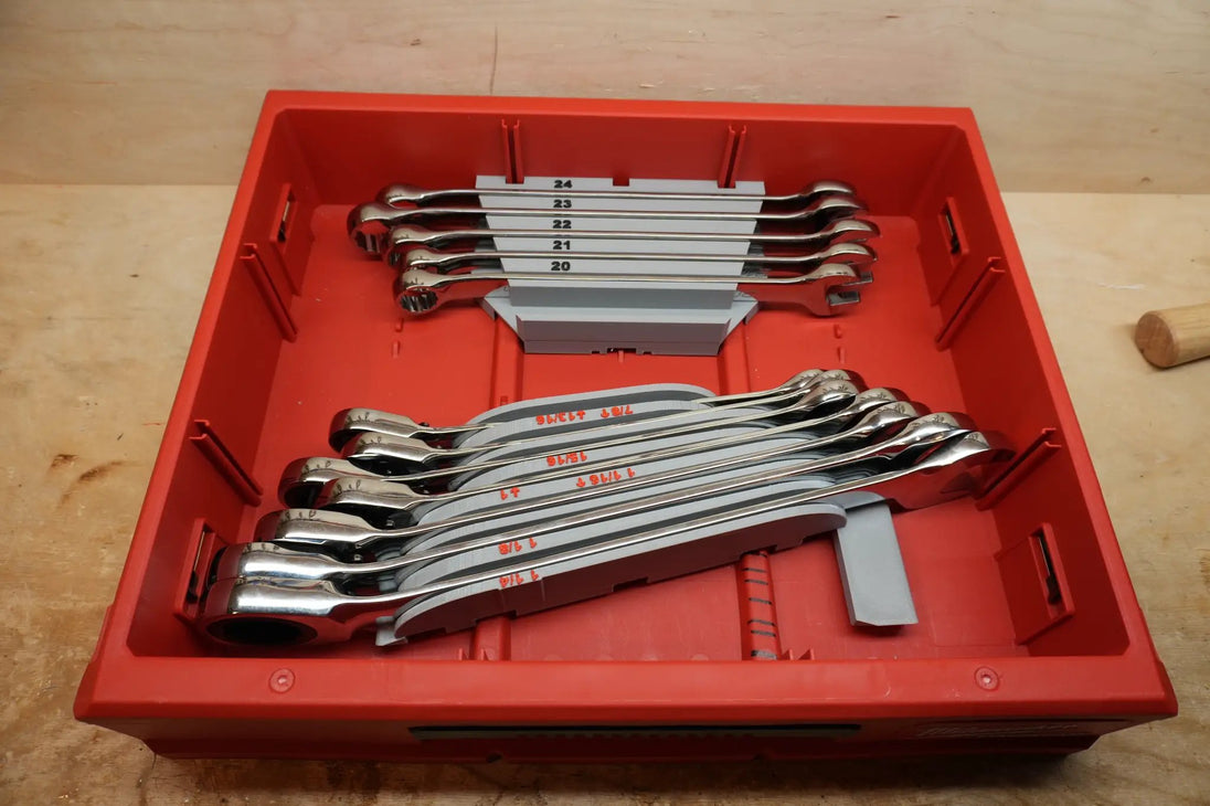 Packout Drawer Inserts for ICON Large Wrench Set IRW-S D LF 10-Spot Tools in red tool box with grey inserts and wrenches