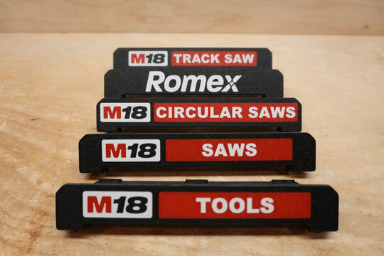 Packout Rolling Drawer Handles PRDH by 10-Spot Tools, black plastic, shown stacked with M18 tool labels