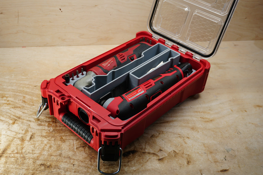 SideCar Inserts for Packout Organizer Boxes, gray divider inserts in red tool box with Milwaukee drill visible
