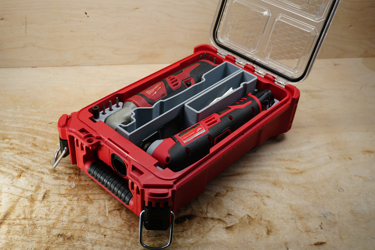 SideCar Inserts for Packout Organizer Boxes, gray divider inserts in red tool box with Milwaukee drill visible