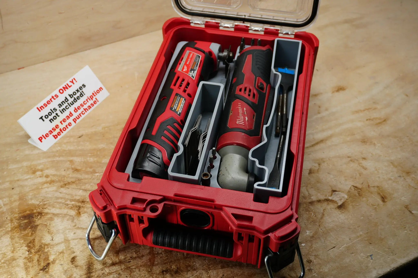 Packout SideCar Insert for M12 Multi Tool (ScMMT) tool organizer in red case with grey dividers and Milwaukee M12