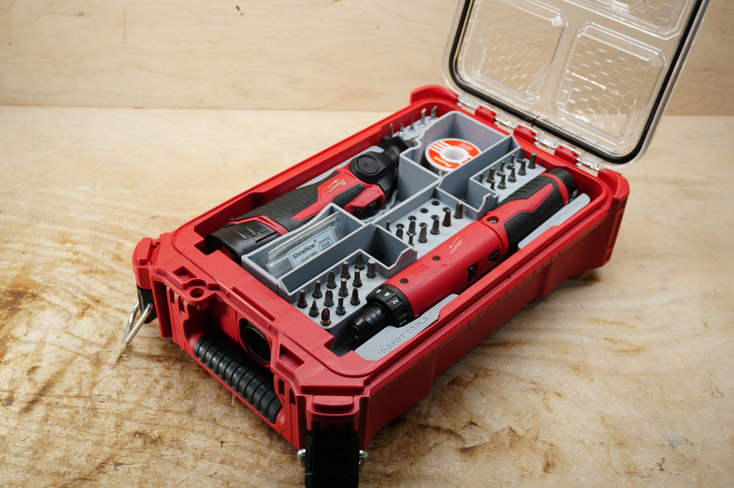 SideCar Inserts for Packout Organizer Boxes 10-Spot Tools; gray inserts with bit holders in red Packout case