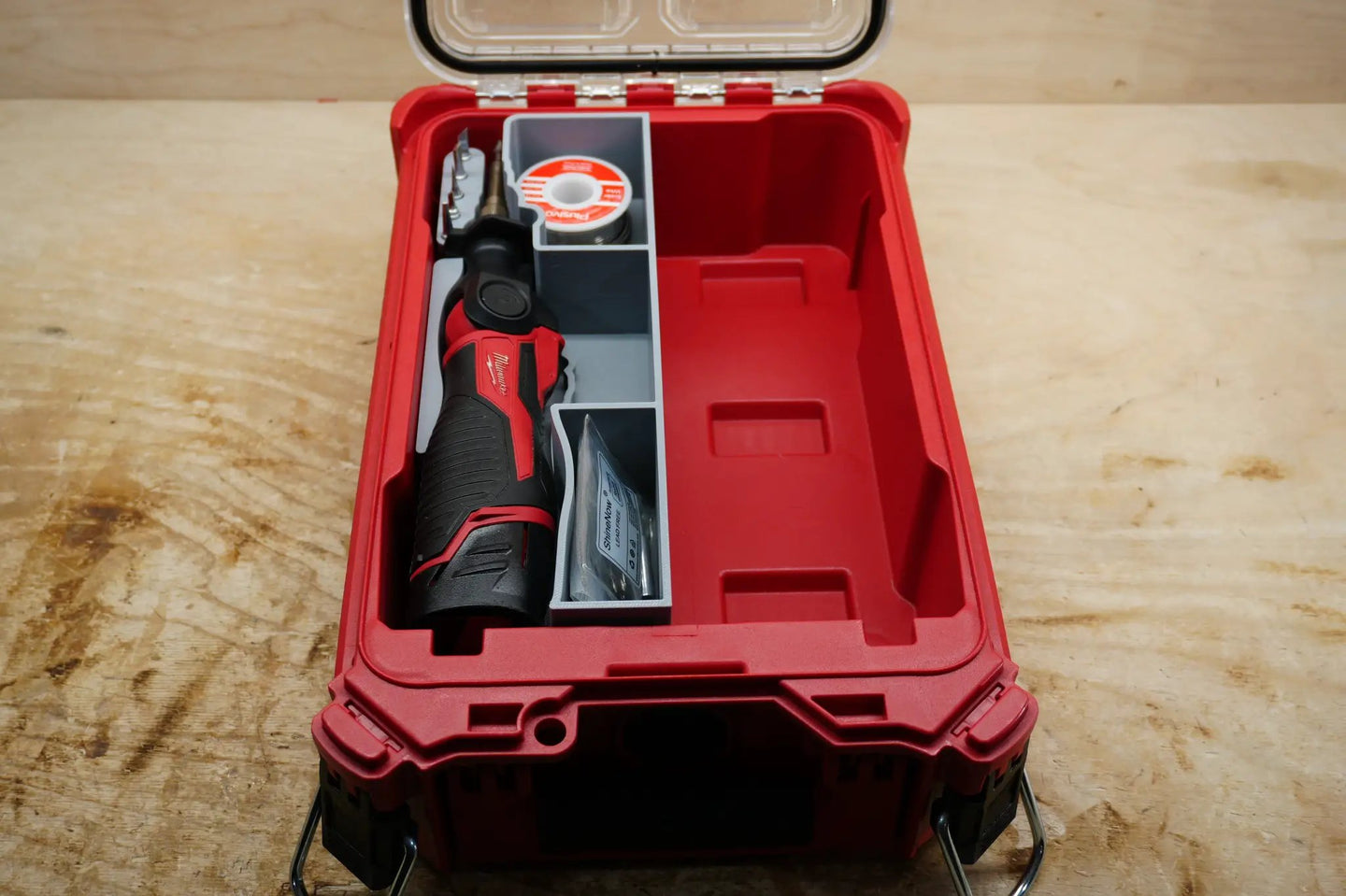 Packout SideCar Insert for M12 Soldering Iron ScMSI gray organizer insert in red Packout case, Milwaukee M12 tool visible