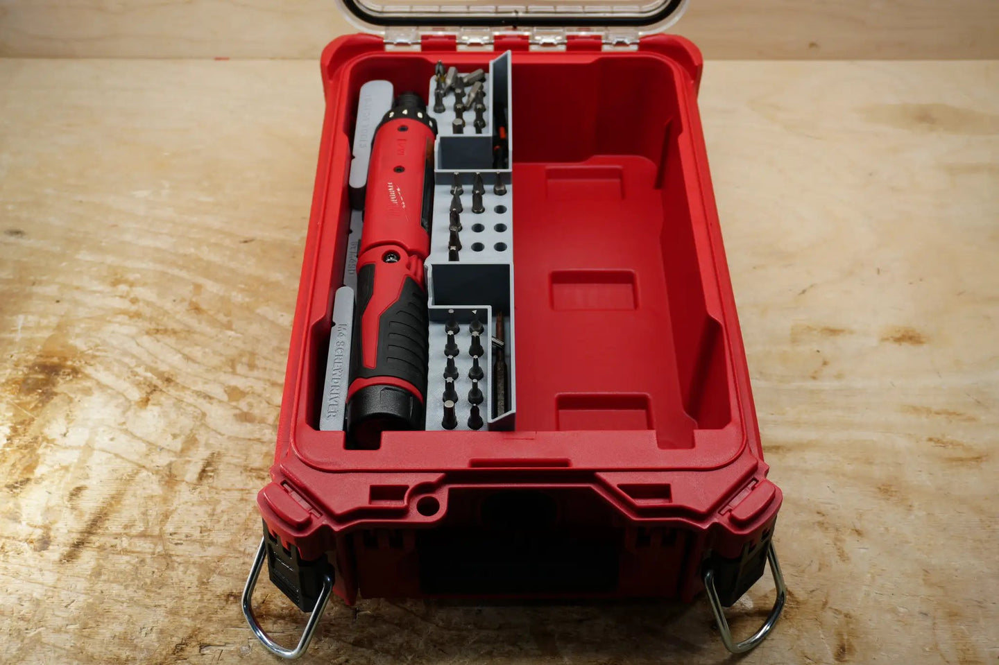 Packout SideCar Insert for M4 Screwdriver – 10-Spot Tools toolbox insert in red Packout case with grey perforated bit holder