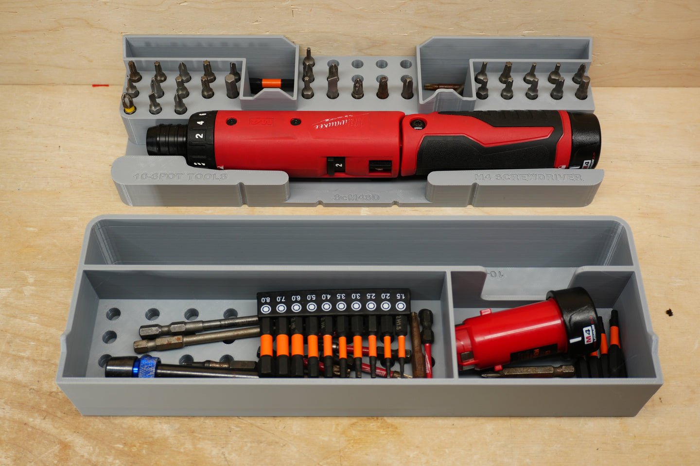 10-Spot Tools SideCar Inserts for Packout Organizer Boxes, gray plastic drill/bit organizer with red cordless drill