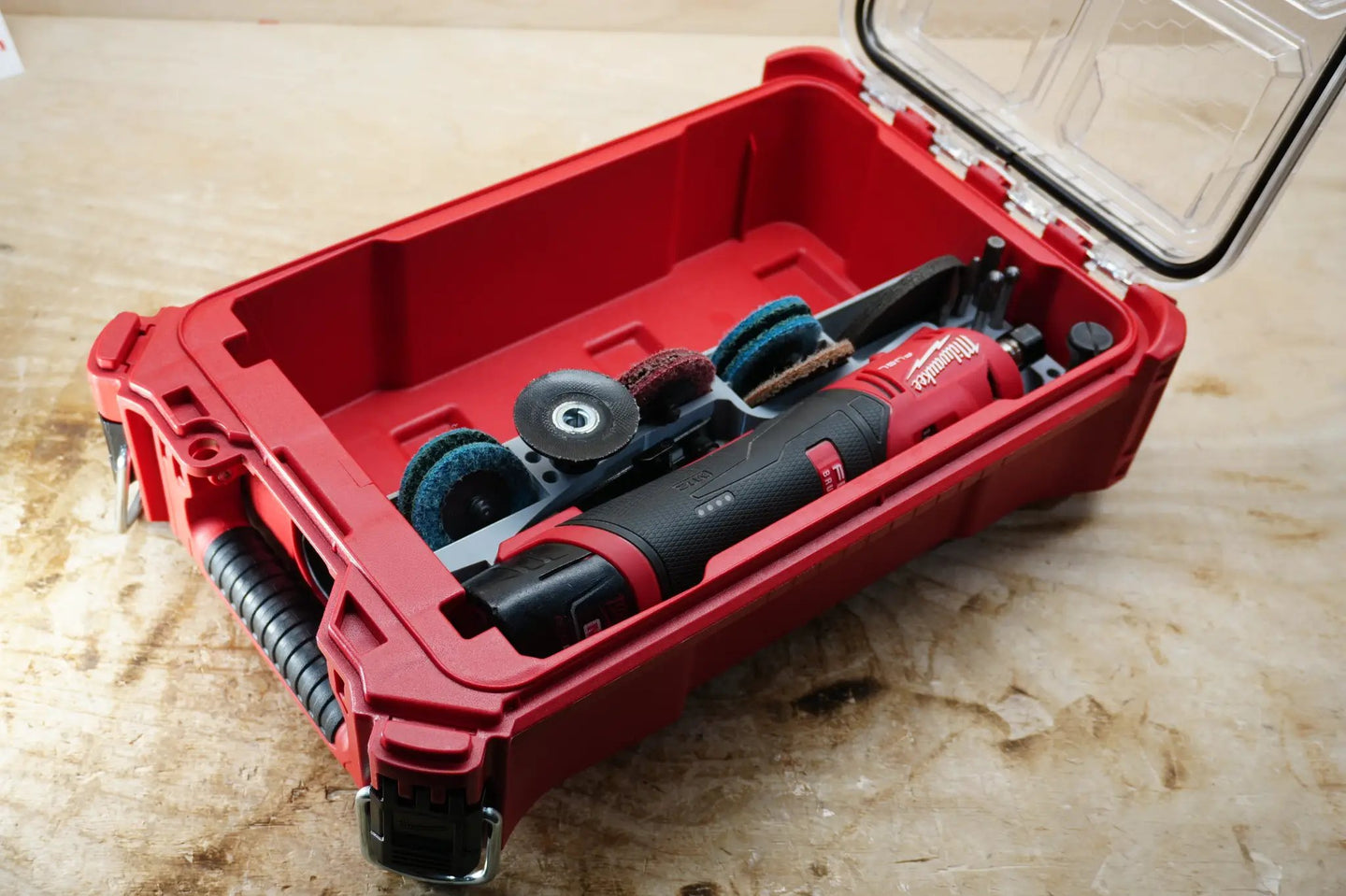 Packout SideCar Insert for Milwaukee M12 FUEL Straight Die Grinder, 10-Spot Tools red tool organizer with grinder and discs