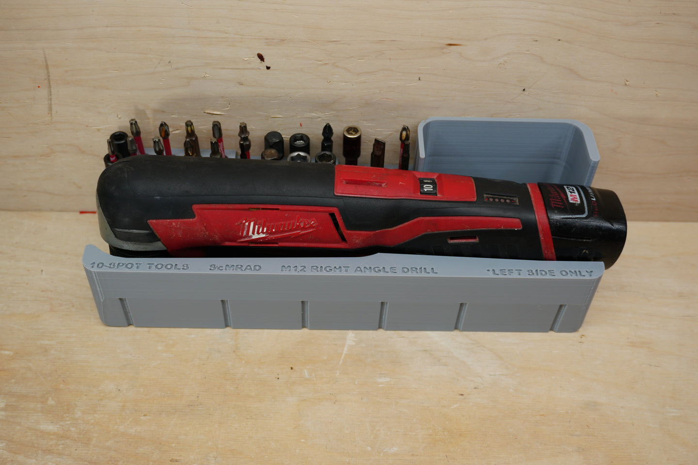 Packout SideCar Insert for M12 Right Angle Drill ScMRAD; gray tool box insert with bit holders and Milwaukee M12 drill