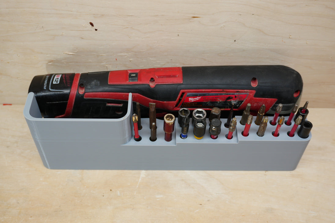 Packout SideCar Insert for M12 Right Angle Drill ScMRAD, gray tool box insert with bit holder and Milwaukee drill